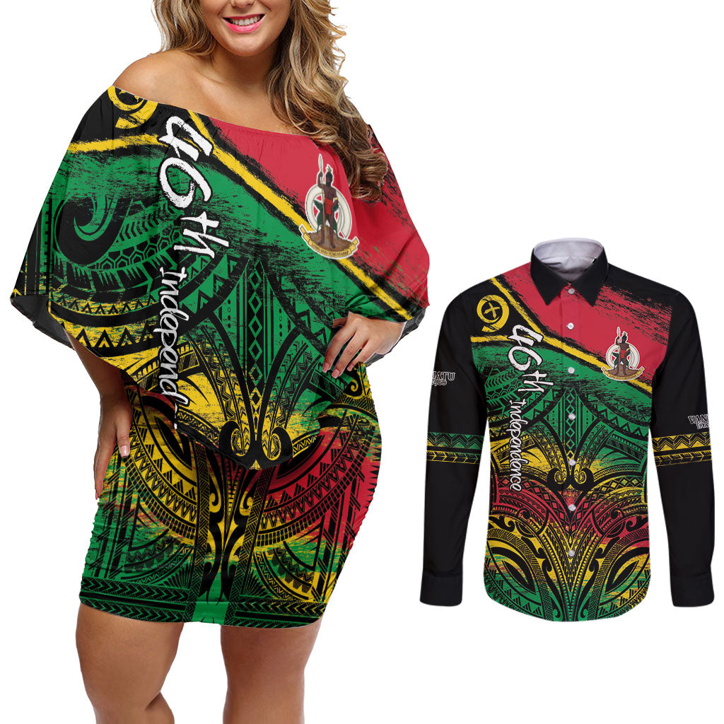 Vanuatu 46th Year Anniversary Couples Matching Off Shoulder Short Dress and Long Sleeve Button Shirt Vintage Grunge Vanuatu Flag Heritage