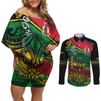 Vanuatu 46th Year Anniversary Couples Matching Off Shoulder Short Dress and Long Sleeve Button Shirt Vintage Grunge Vanuatu Flag Heritage LT9 Black - Polynesian Pride