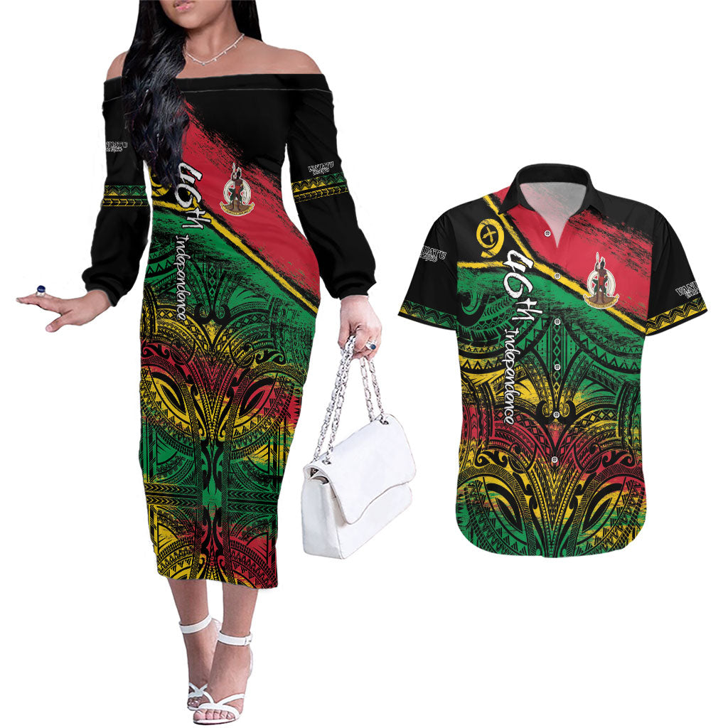 Vanuatu 46th Year Anniversary Couples Matching Off The Shoulder Long Sleeve Dress and Hawaiian Shirt Vintage Grunge Vanuatu Flag Heritage LT9 Black - Polynesian Pride