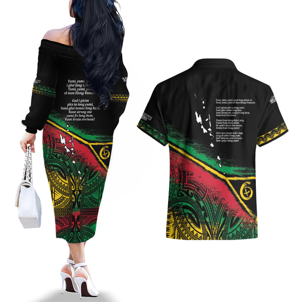 Vanuatu 46th Year Anniversary Couples Matching Off The Shoulder Long Sleeve Dress and Hawaiian Shirt Vintage Grunge Vanuatu Flag Heritage LT9 - Polynesian Pride