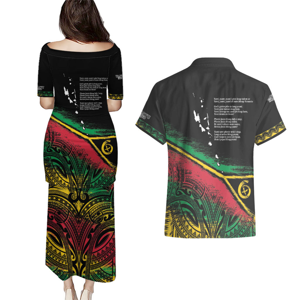 Vanuatu 46th Year Anniversary Couples Matching Puletasi and Hawaiian Shirt Vintage Grunge Vanuatu Flag Heritage