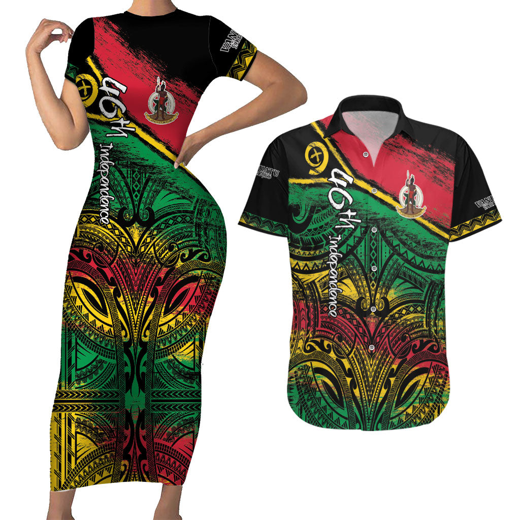 Vanuatu 46th Year Anniversary Couples Matching Short Sleeve Bodycon Dress and Hawaiian Shirt Vintage Grunge Vanuatu Flag Heritage