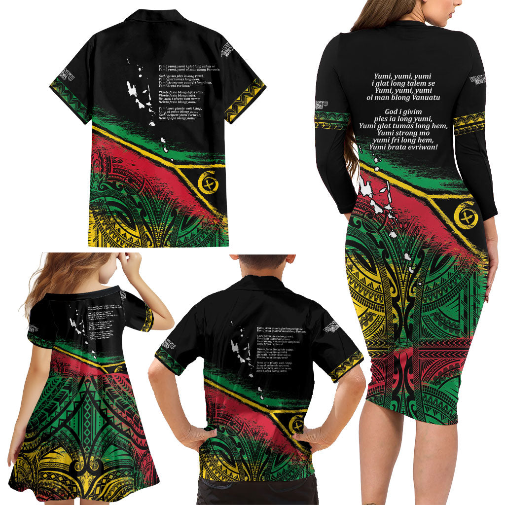 Vanuatu 46th Year Anniversary Family Matching Long Sleeve Bodycon Dress and Hawaiian Shirt Vintage Grunge Vanuatu Flag Heritage LT9 - Polynesian Pride