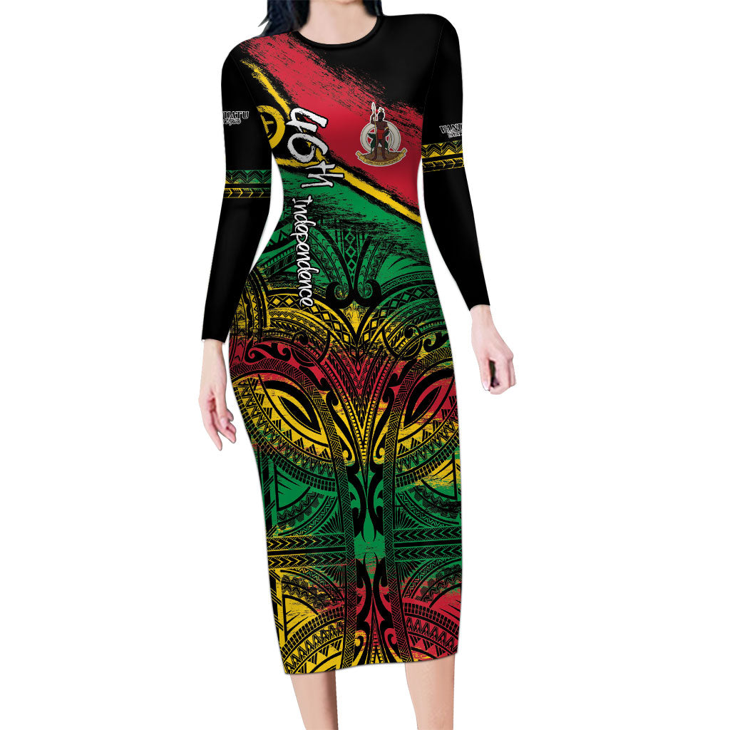 Vanuatu 46th Year Anniversary Family Matching Long Sleeve Bodycon Dress and Hawaiian Shirt Vintage Grunge Vanuatu Flag Heritage LT9 Mom's Dress Black - Polynesian Pride