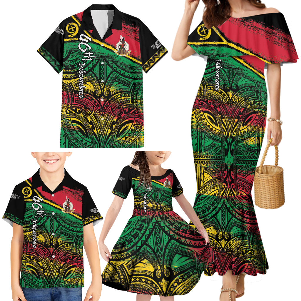 Vanuatu 46th Year Anniversary Family Matching Mermaid Dress and Hawaiian Shirt Vintage Grunge Vanuatu Flag Heritage
