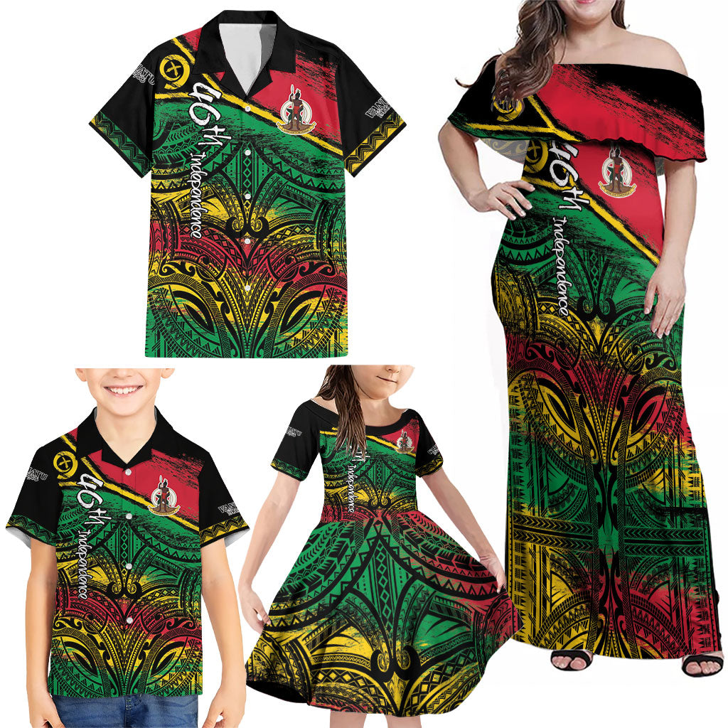 Vanuatu 46th Year Anniversary Family Matching Off Shoulder Maxi Dress and Hawaiian Shirt Vintage Grunge Vanuatu Flag Heritage