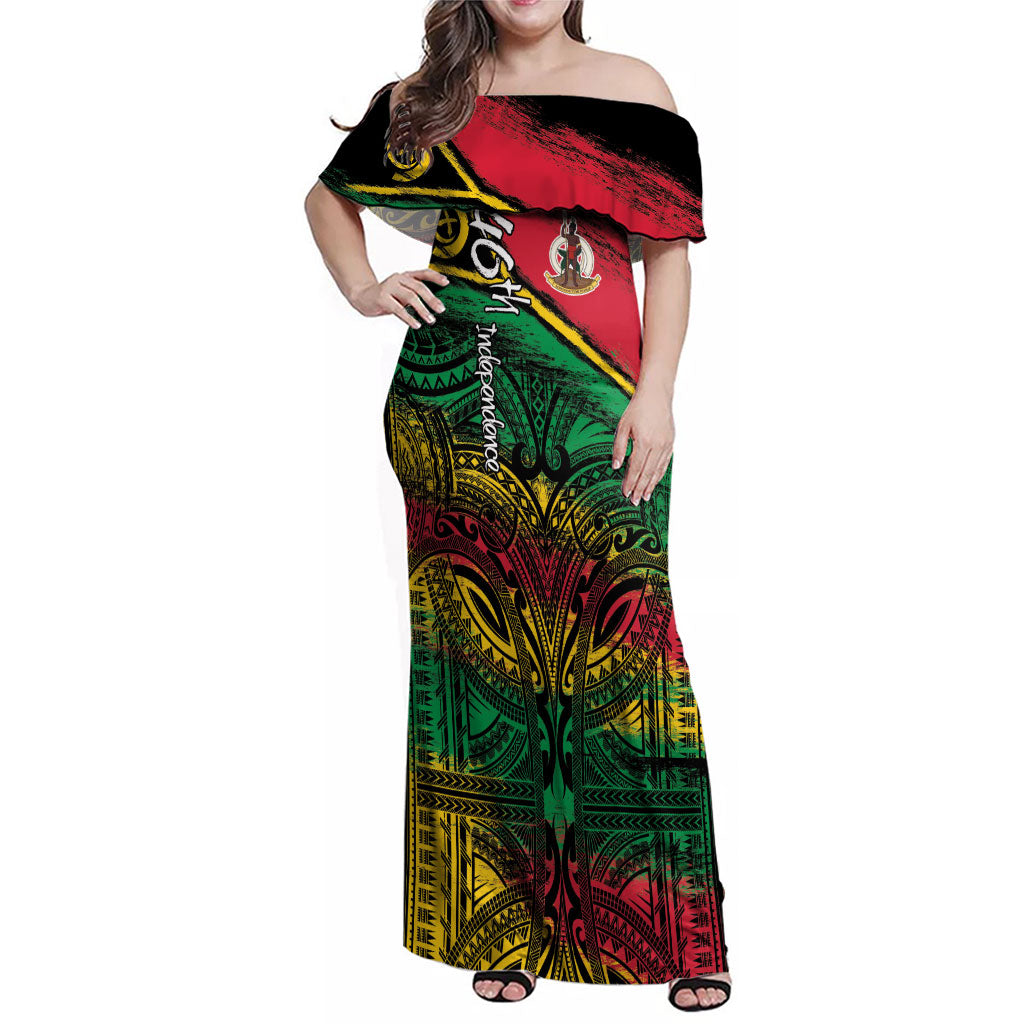 Vanuatu 46th Year Anniversary Family Matching Off Shoulder Maxi Dress and Hawaiian Shirt Vintage Grunge Vanuatu Flag Heritage LT9 Mom's Dress Black - Polynesian Pride