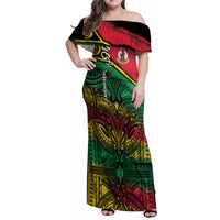 Vanuatu 46th Year Anniversary Family Matching Off Shoulder Maxi Dress and Hawaiian Shirt Vintage Grunge Vanuatu Flag Heritage LT9 Mom's Dress Black - Polynesian Pride