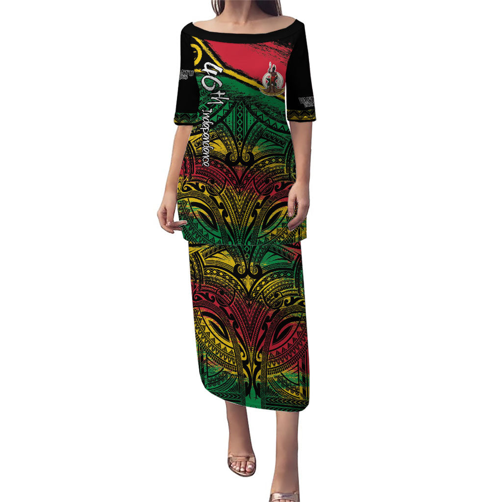 Vanuatu 46th Year Anniversary Family Matching Puletasi and Hawaiian Shirt Vintage Grunge Vanuatu Flag Heritage LT9 Mom's Dress Black - Polynesian Pride