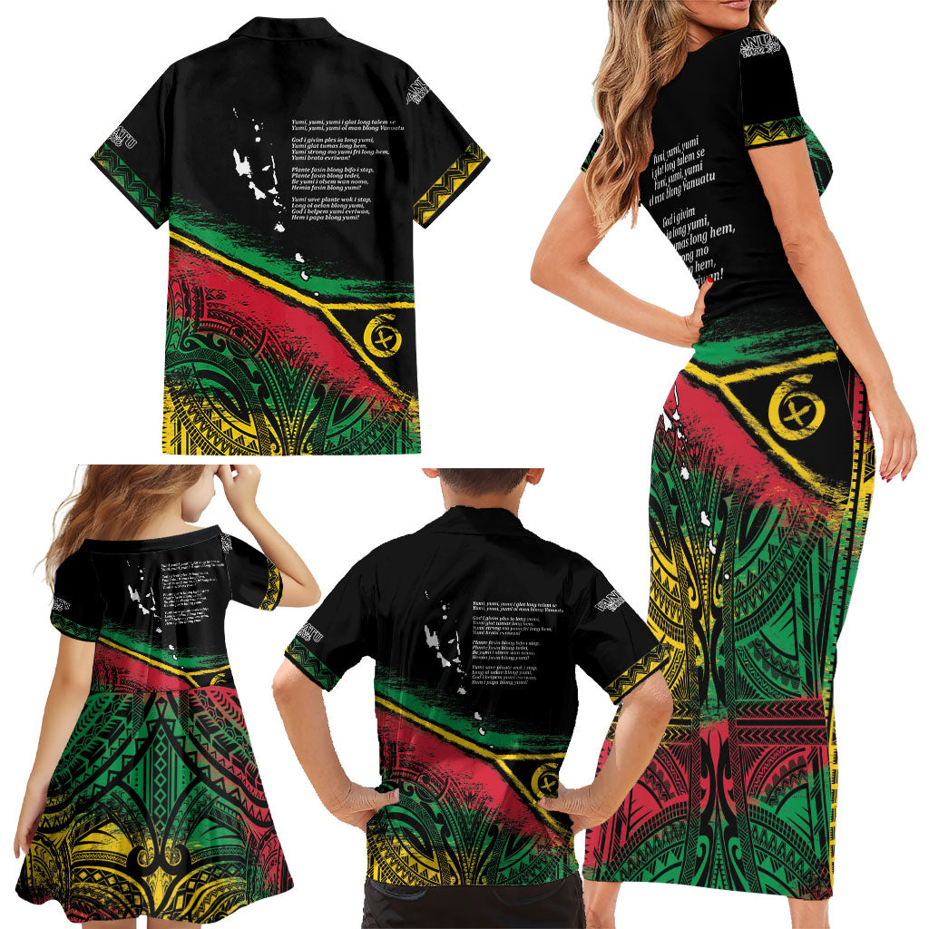 Vanuatu 46th Year Anniversary Family Matching Short Sleeve Bodycon Dress and Hawaiian Shirt Vintage Grunge Vanuatu Flag Heritage LT9 - Polynesian Pride