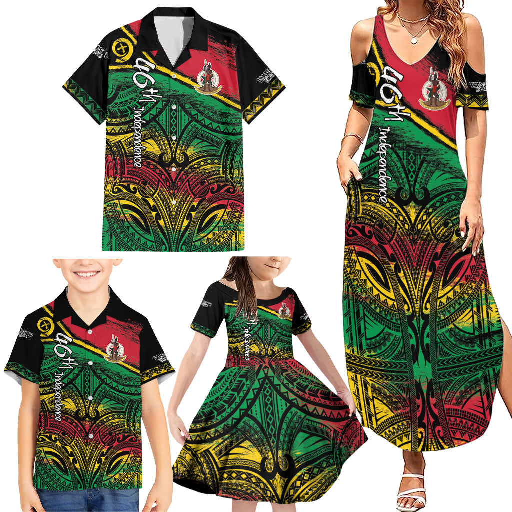 Vanuatu 46th Year Anniversary Family Matching Summer Maxi Dress and Hawaiian Shirt Vintage Grunge Vanuatu Flag Heritage LT9 - Polynesian Pride