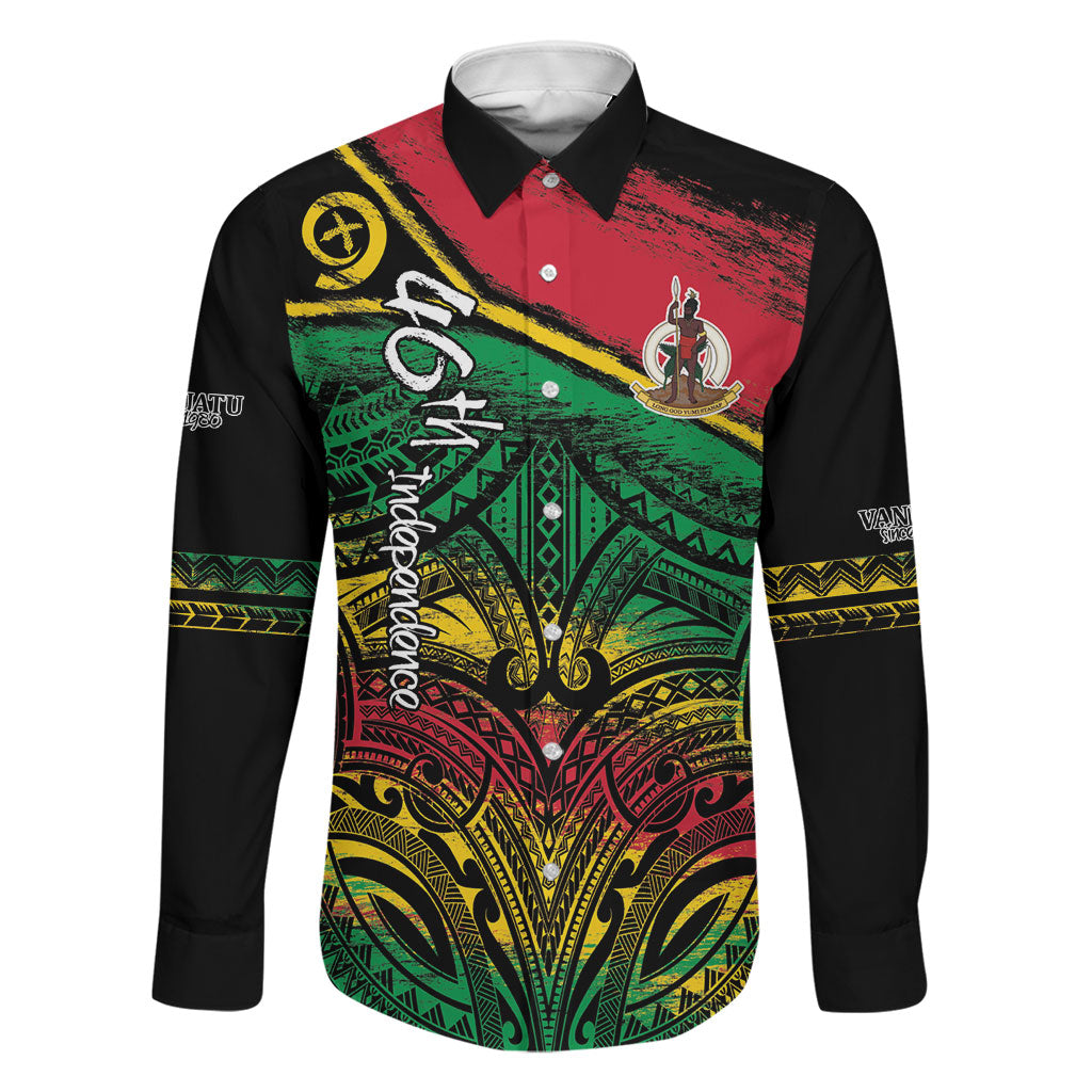 Vanuatu 46th Year Anniversary Family Matching Summer Maxi Dress and Hawaiian Shirt Vintage Grunge Vanuatu Flag Heritage LT9 Dad's Shirt - Long Sleeve Black - Polynesian Pride