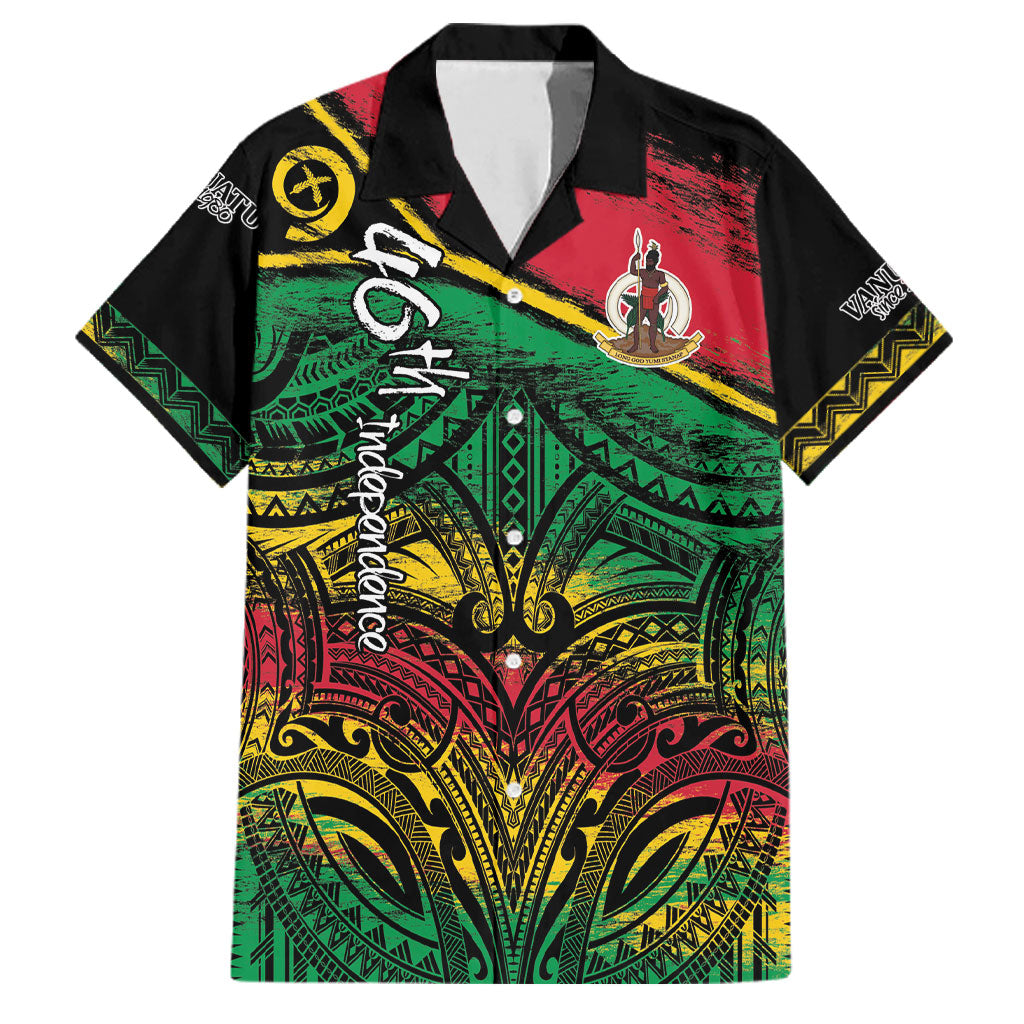 Vanuatu 46th Year Anniversary Family Matching Tank Maxi Dress and Hawaiian Shirt Vintage Grunge Vanuatu Flag Heritage LT9 Dad's Shirt - Short Sleeve Black - Polynesian Pride