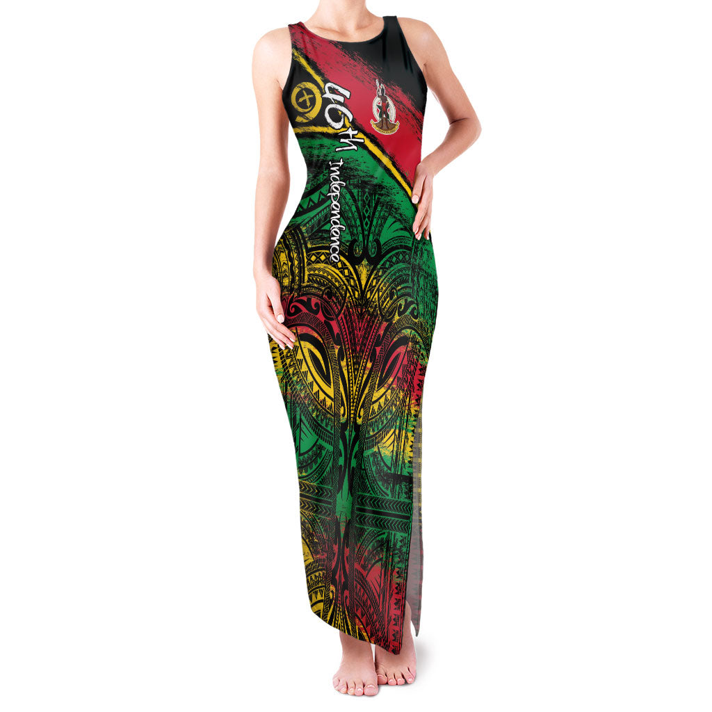Vanuatu 46th Year Anniversary Family Matching Tank Maxi Dress and Hawaiian Shirt Vintage Grunge Vanuatu Flag Heritage LT9 Mom's Dress Black - Polynesian Pride