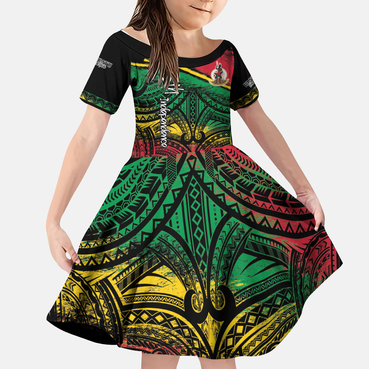 Vanuatu 46th Year Anniversary Kid Short Sleeve Dress Vintage Grunge Vanuatu Flag Heritage