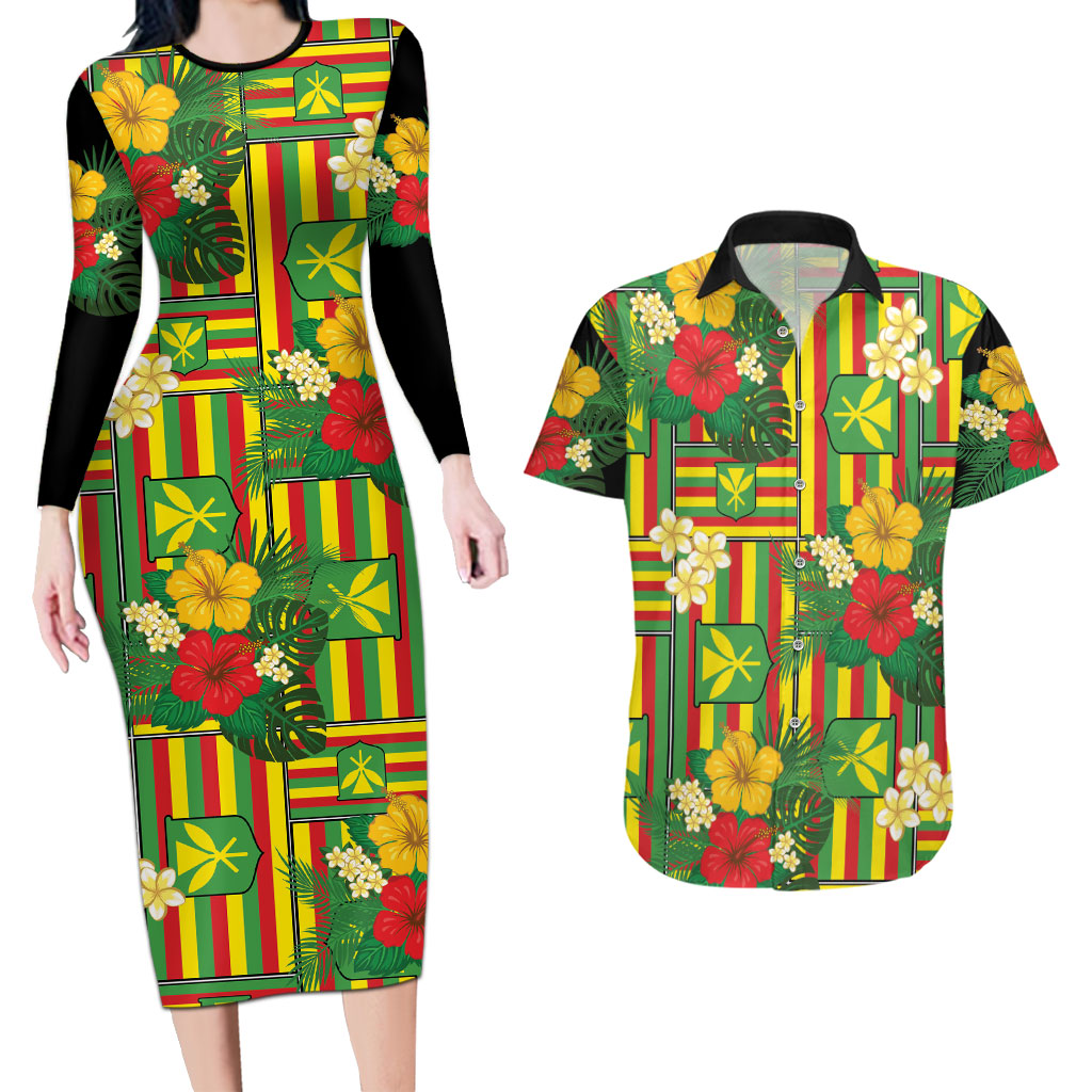 Hawaii Kanaka Maoli Hibiscus Couples Matching Long Sleeve Bodycon Dress and Hawaiian Shirt Hawaiian Flag Motif LT9 Green - Polynesian Pride