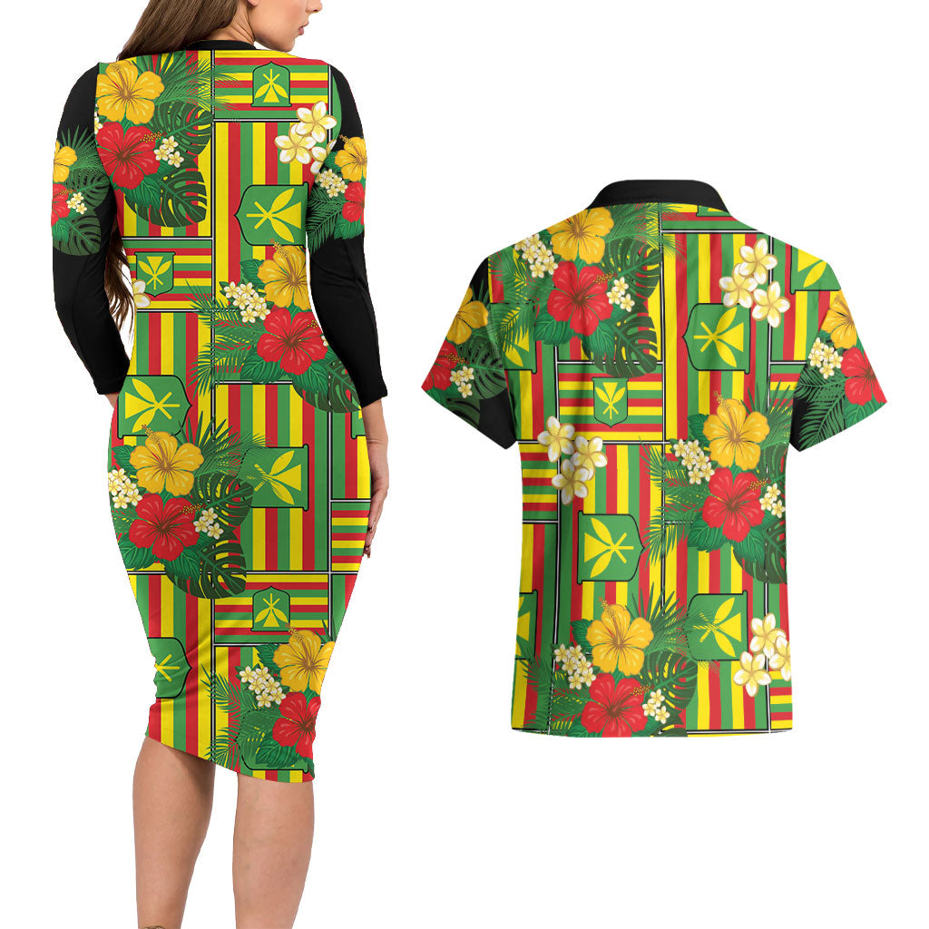 Hawaii Kanaka Maoli Hibiscus Couples Matching Long Sleeve Bodycon Dress and Hawaiian Shirt Hawaiian Flag Motif LT9 - Polynesian Pride