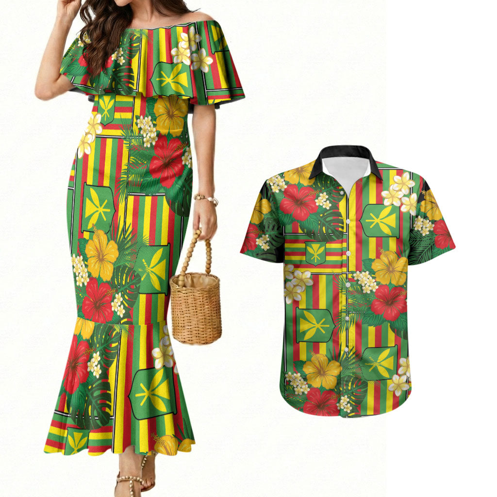 Hawaii Kanaka Maoli Hibiscus Couples Matching Mermaid Dress and Hawaiian Shirt Hawaiian Flag Motif LT9 Green - Polynesian Pride