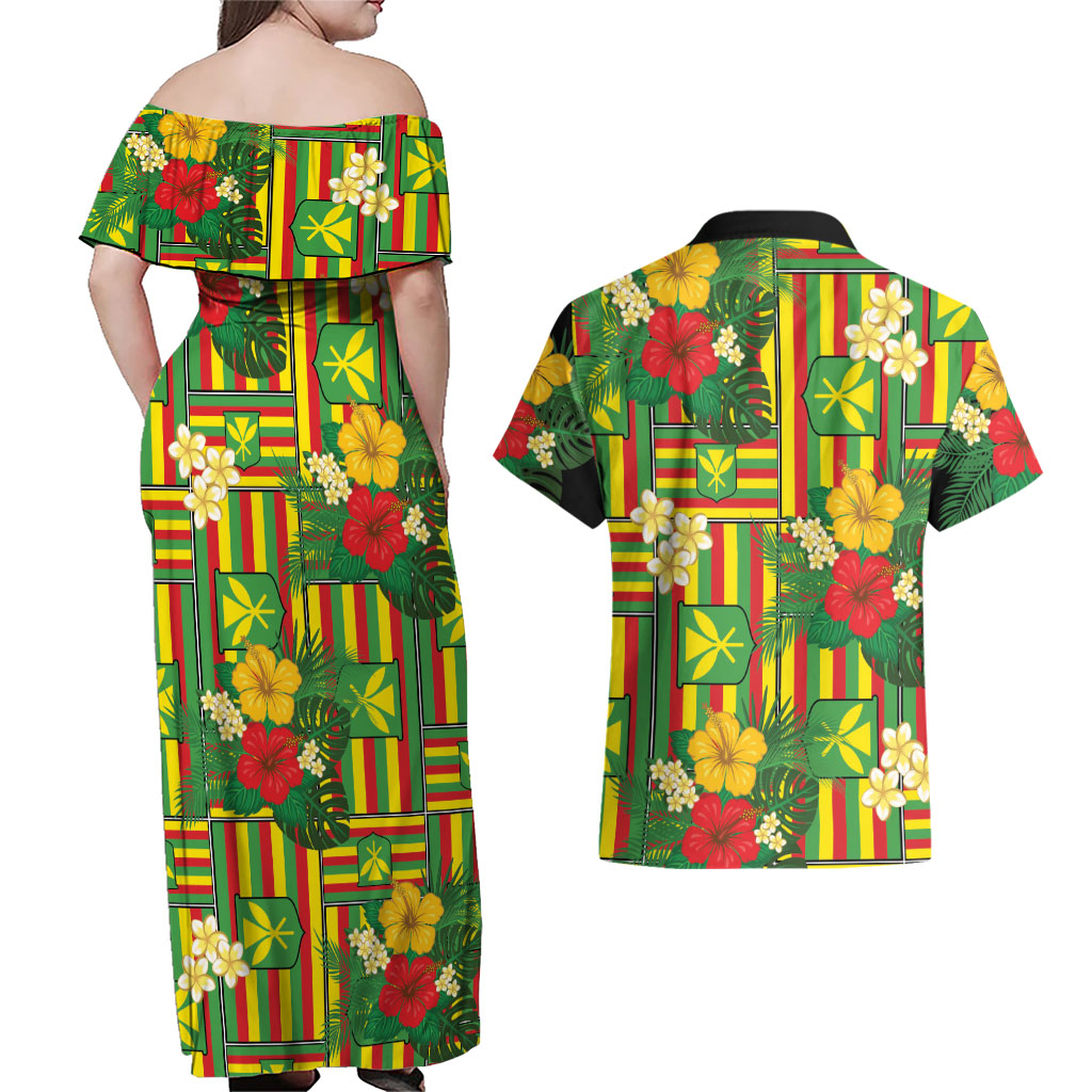 Hawaii Kanaka Maoli Hibiscus Couples Matching Off Shoulder Maxi Dress and Hawaiian Shirt Hawaiian Flag Motif LT9 - Polynesian Pride
