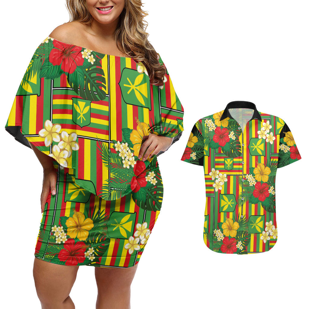 Hawaii Kanaka Maoli Hibiscus Couples Matching Off Shoulder Short Dress and Hawaiian Shirt Hawaiian Flag Motif LT9 Green - Polynesian Pride