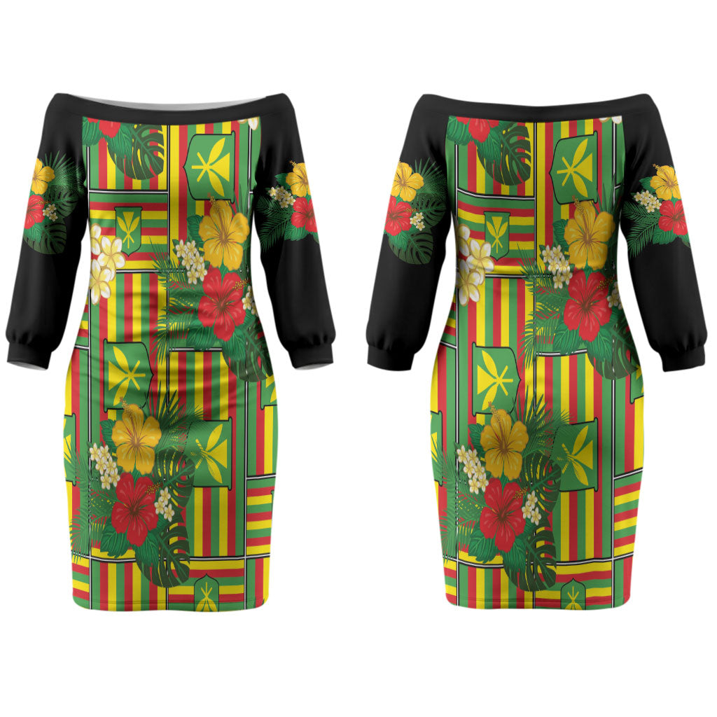 Hawaii Kanaka Maoli Hibiscus Couples Matching Off The Shoulder Long Sleeve Dress and Long Sleeve Button Shirt Hawaiian Flag Motif LT9 - Polynesian Pride