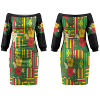 Hawaii Kanaka Maoli Hibiscus Couples Matching Off The Shoulder Long Sleeve Dress and Long Sleeve Button Shirt Hawaiian Flag Motif LT9 - Polynesian Pride