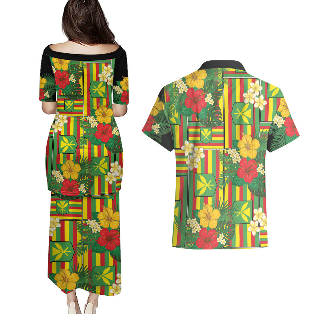 Hawaii Kanaka Maoli Hibiscus Couples Matching Puletasi and Hawaiian Shirt Hawaiian Flag Motif