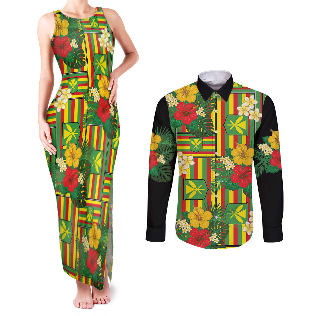 Hawaii Kanaka Maoli Hibiscus Couples Matching Tank Maxi Dress and Long Sleeve Button Shirt Hawaiian Flag Motif LT9 Green - Polynesian Pride