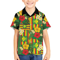 Hawaii Kanaka Maoli Hibiscus Family Matching Off The Shoulder Long Sleeve Dress and Hawaiian Shirt Hawaiian Flag Motif LT9 Son's Shirt Green - Polynesian Pride