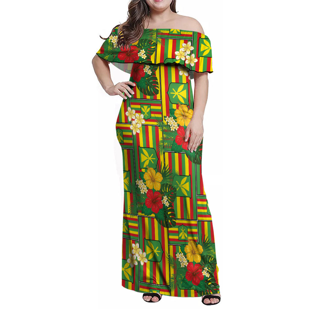 Hawaii Kanaka Maoli Hibiscus Family Matching Off Shoulder Maxi Dress and Hawaiian Shirt Hawaiian Flag Motif LT9 Mom's Dress Green - Polynesian Pride