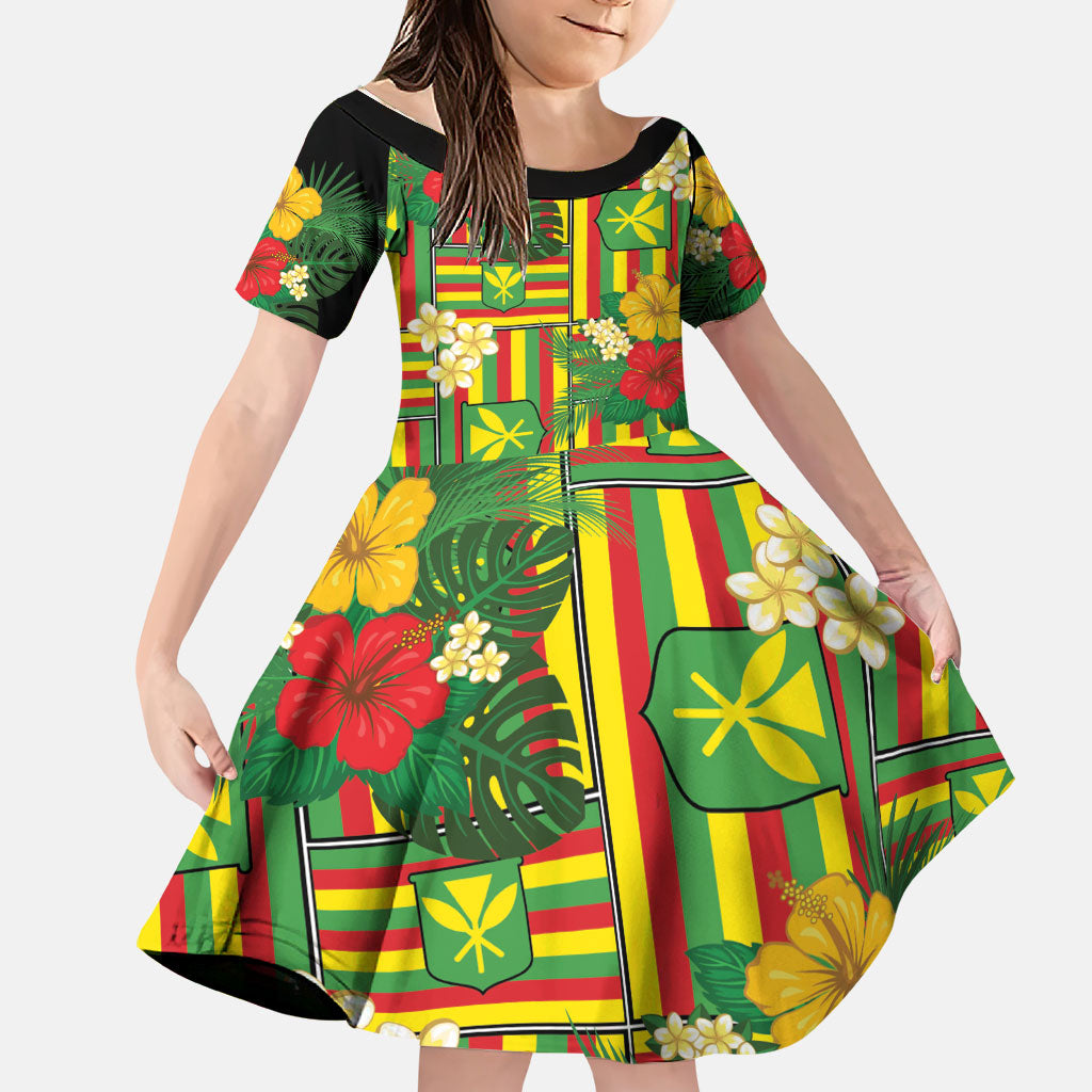 Hawaii Kanaka Maoli Hibiscus Family Matching Puletasi and Hawaiian Shirt Hawaiian Flag Motif LT9 Daughter's Dress Green - Polynesian Pride