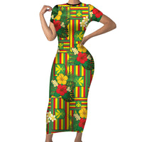 Hawaii Kanaka Maoli Hibiscus Family Matching Short Sleeve Bodycon Dress and Hawaiian Shirt Hawaiian Flag Motif LT9 Mom's Dress Green - Polynesian Pride