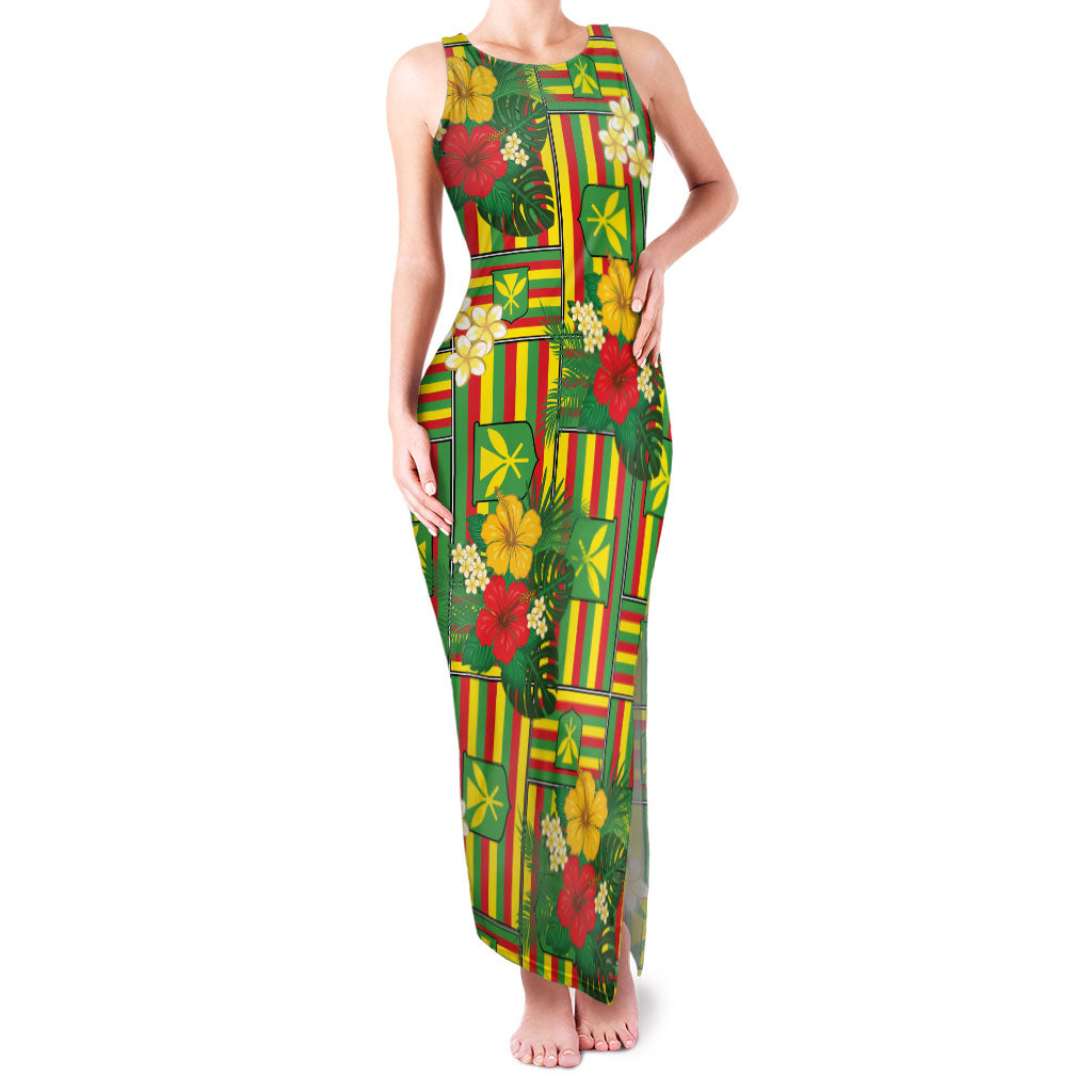 Hawaii Kanaka Maoli Hibiscus Family Matching Tank Maxi Dress and Hawaiian Shirt Hawaiian Flag Motif LT9 Mom's Dress Green - Polynesian Pride