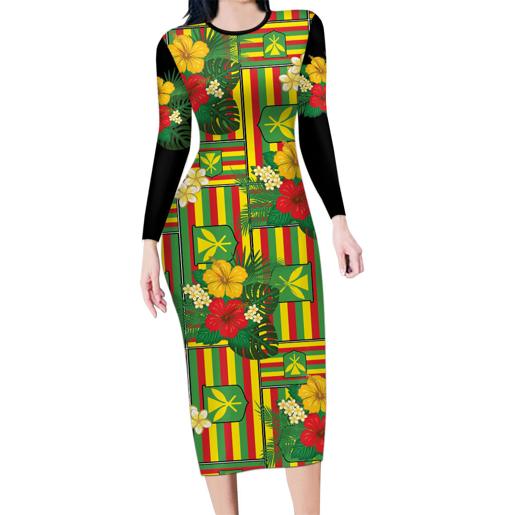 Hawaii Kanaka Maoli Hibiscus Long Sleeve Bodycon Dress Hawaiian Flag Motif LT9 Long Dress Green - Polynesian Pride