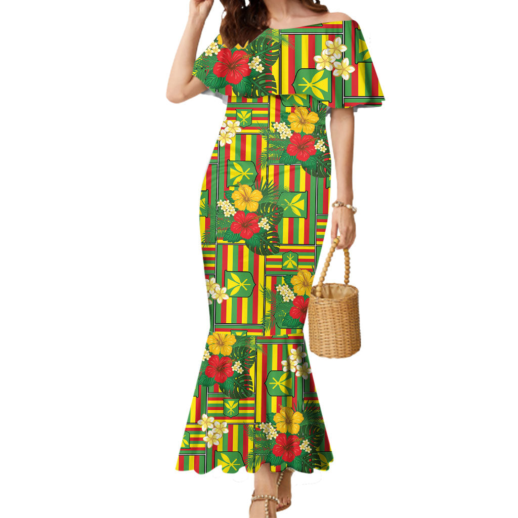 Hawaii Kanaka Maoli Hibiscus Mermaid Dress Hawaiian Flag Motif LT9 Women Green - Polynesian Pride