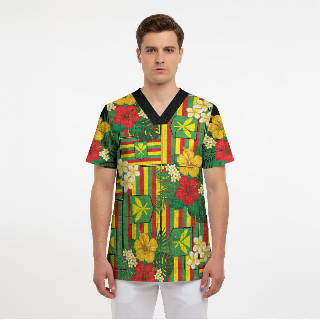 Hawaii Kanaka Maoli Hibiscus Scrub Top Hawaiian Flag Motif