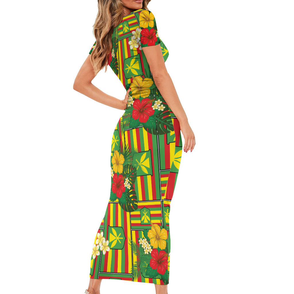 Hawaii Kanaka Maoli Hibiscus Short Sleeve Bodycon Dress Hawaiian Flag Motif