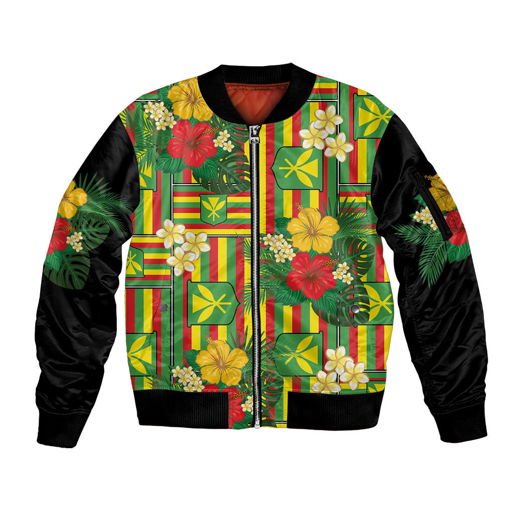 Hawaii Kanaka Maoli Hibiscus Sleeve Zip Bomber Jacket Hawaiian Flag Motif