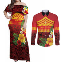 Hawaii Ku Kia'i Mauna Personalized Couples Matching Off Shoulder Maxi Dress and Long Sleeve Button Shirt Hibiscus Kakau Pattern