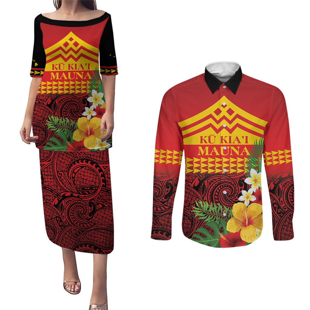 Hawaii Ku Kia'i Mauna Personalized Couples Matching Puletasi and Long Sleeve Button Shirt Hibiscus Kakau Pattern