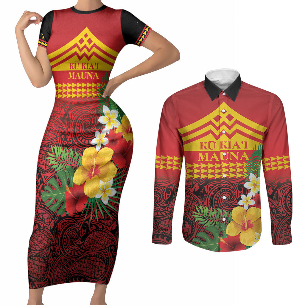 Hawaii Ku Kia'i Mauna Personalized Couples Matching Short Sleeve Bodycon Dress and Long Sleeve Button Shirt Hibiscus Kakau Pattern LT9 Red - Polynesian Pride