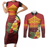Hawaii Ku Kia'i Mauna Personalized Couples Matching Short Sleeve Bodycon Dress and Long Sleeve Button Shirt Hibiscus Kakau Pattern LT9 Red - Polynesian Pride