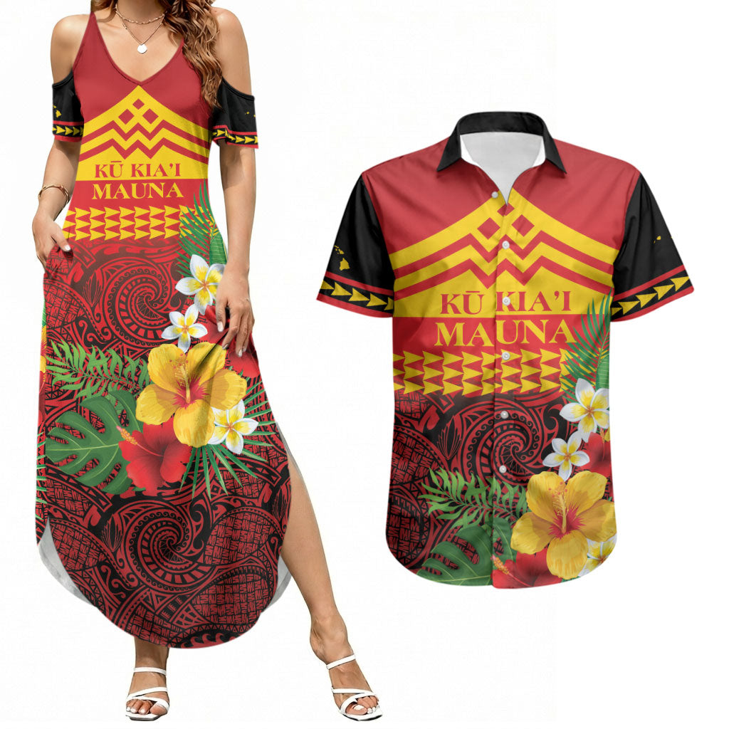 Hawaii Ku Kia'i Mauna Personalized Couples Matching Summer Maxi Dress and Hawaiian Shirt Hibiscus Kakau Pattern LT9 Red - Polynesian Pride