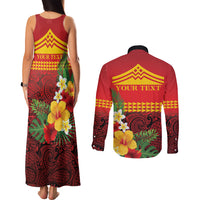 Hawaii Ku Kia'i Mauna Personalized Couples Matching Tank Maxi Dress and Long Sleeve Button Shirt Hibiscus Kakau Pattern