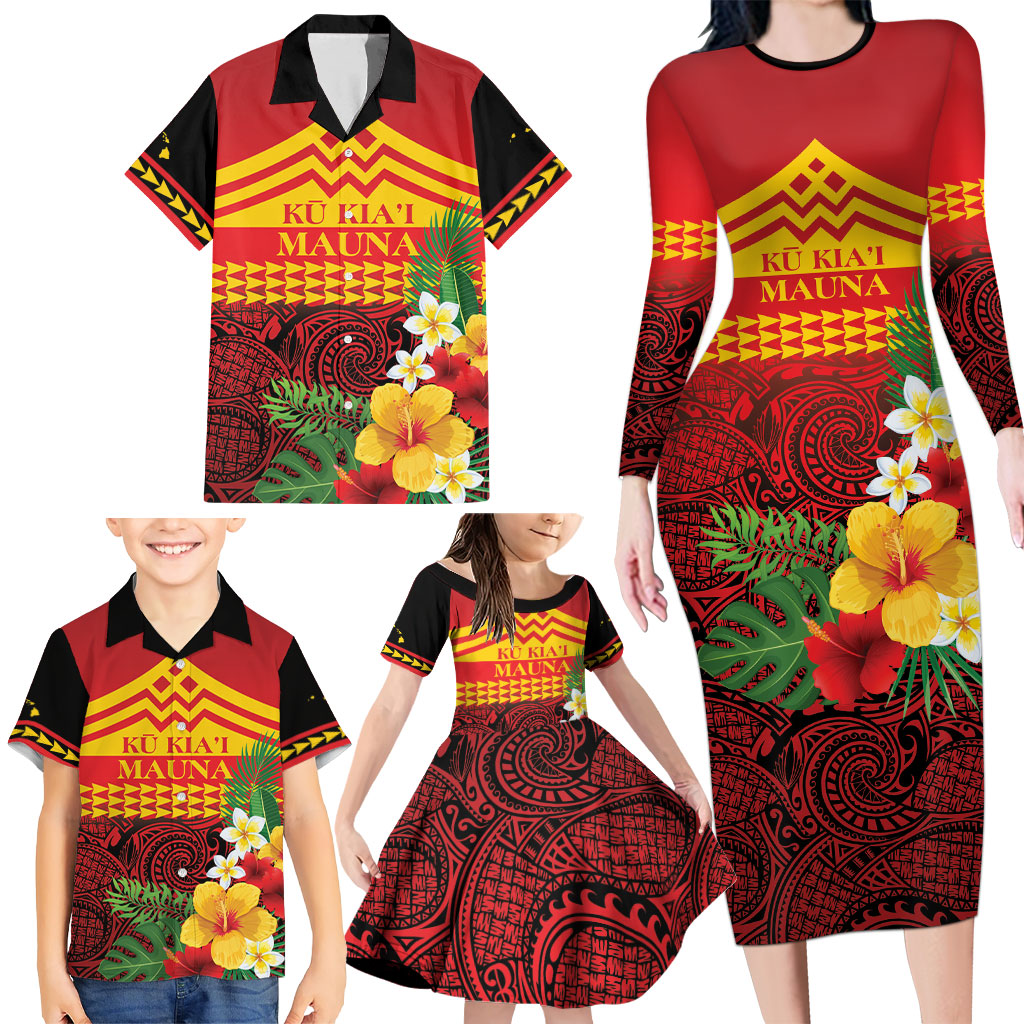 Hawaii Ku Kia'i Mauna Personalized Family Matching Long Sleeve Bodycon Dress and Hawaiian Shirt Hibiscus Kakau Pattern