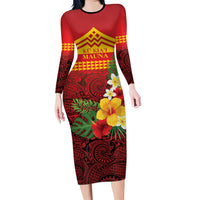 Hawaii Ku Kia'i Mauna Personalized Family Matching Long Sleeve Bodycon Dress and Hawaiian Shirt Hibiscus Kakau Pattern LT9 Mom's Dress Red - Polynesian Pride