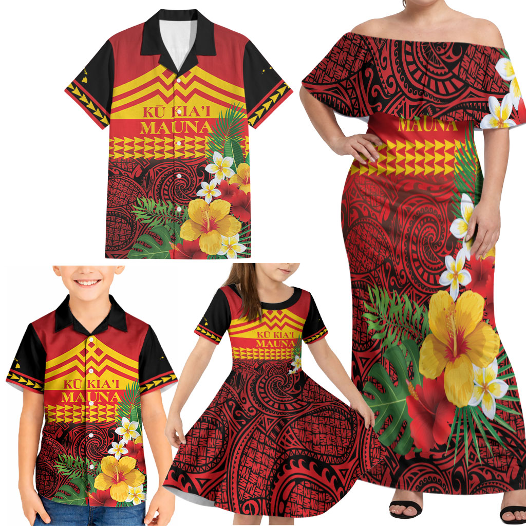 Hawaii Ku Kia'i Mauna Personalized Family Matching Off Shoulder Maxi Dress and Hawaiian Shirt Hibiscus Kakau Pattern LT9 - Polynesian Pride