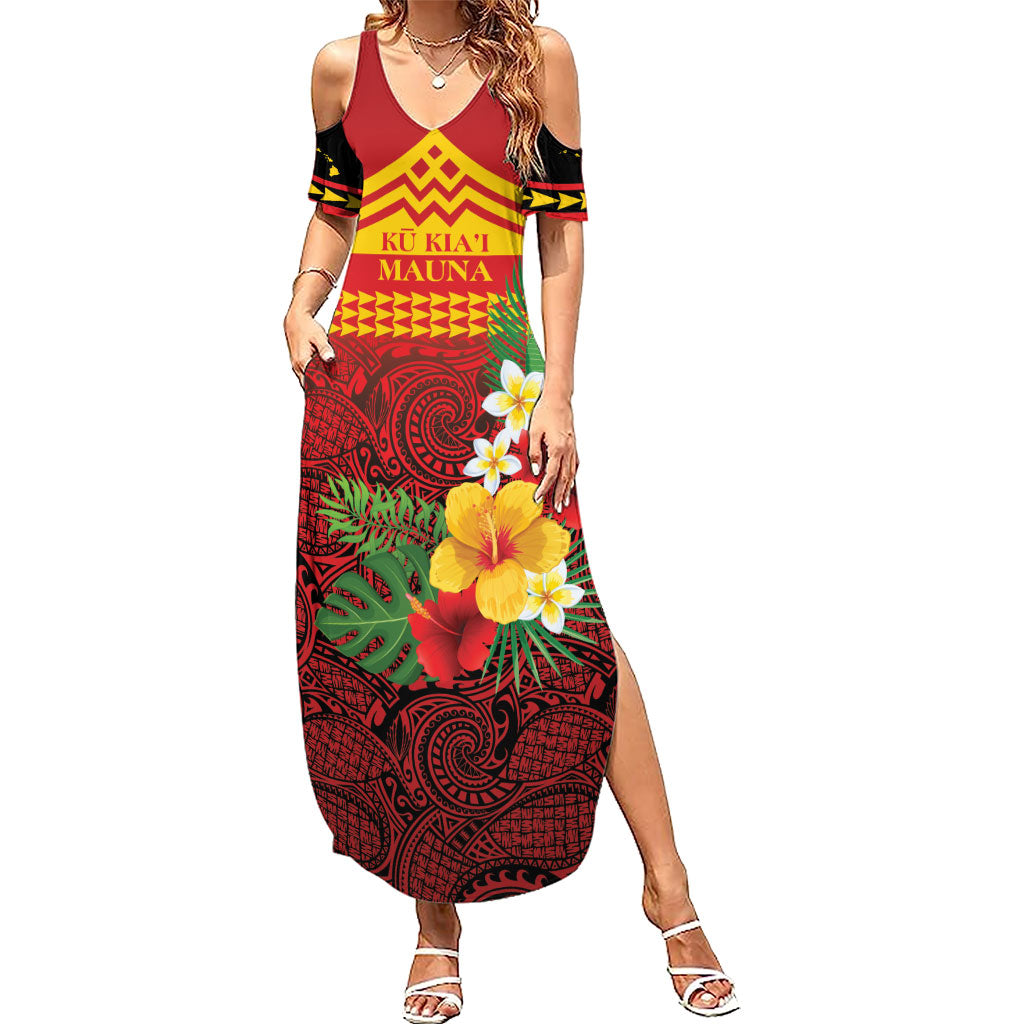 Hawaii Ku Kia'i Mauna Personalized Summer Maxi Dress Hibiscus Kakau Pattern LT9 Women Red - Polynesian Pride