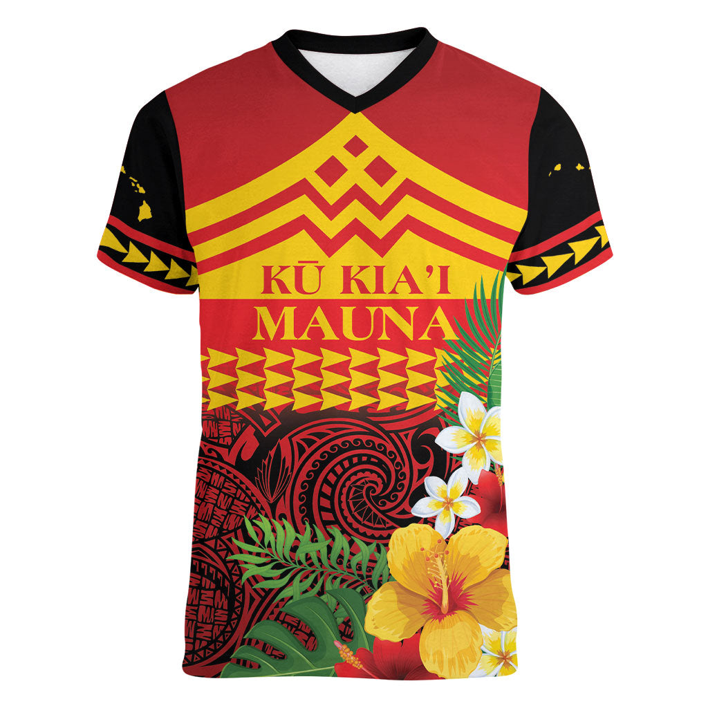Hawaii Ku Kia'i Mauna Personalized Women V-Neck T-Shirt Hibiscus Kakau Pattern