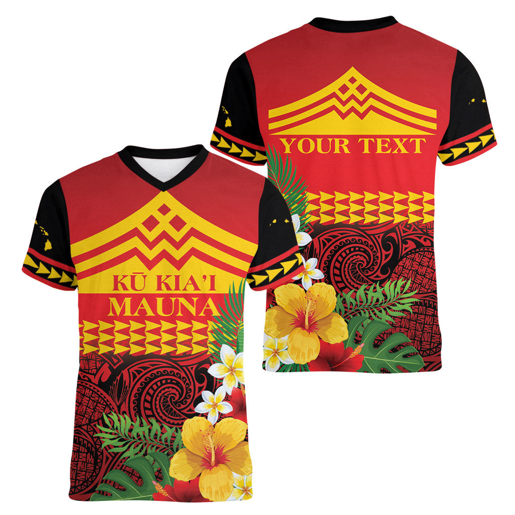 Hawaii Ku Kia'i Mauna Personalized Women V-Neck T-Shirt Hibiscus Kakau Pattern